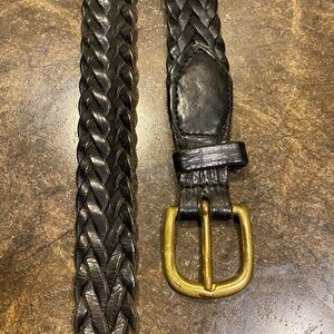 Vintage black leather braided woven belt with solid brass buckle — size 38